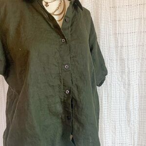 Eileen Fisher Olive Green Linen Button-Front Blouse